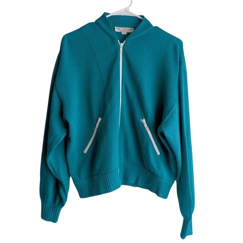 St John Vintager 90s Retro Sporty Blokecore Turquoise Knitted Bomber Jacket